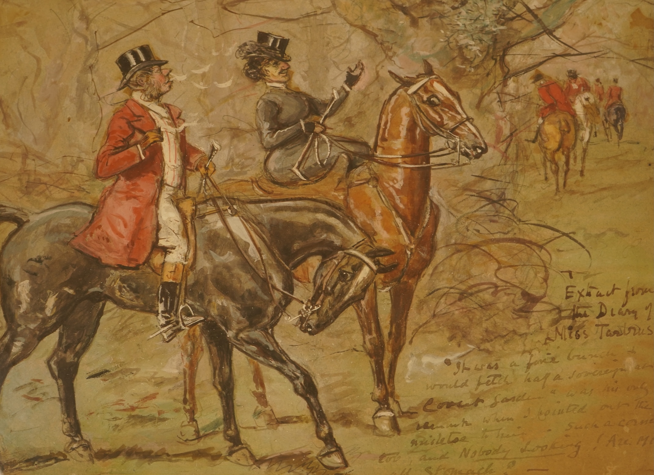 George Finch Mason (1850-1915), Three hunting interest ink and watercolours to include 'Law at Newmarket' and 'Extract from the diary of Miss Tanbrush' two signed, largest 24 x 32cm